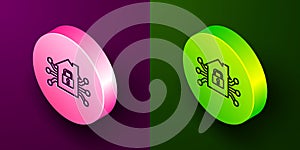 Isometric line Smart home icon isolated on purple and green background. Remote control. Circle button. Vector