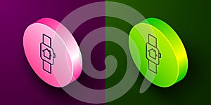 Isometric line Smart home with smart watch icon isolated on purple and green background. Remote control. Circle button