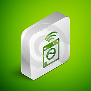 Isometric line Smart washer system icon isolated on green background. Washing machine icon. Internet of things concept