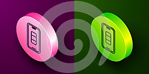 Isometric line Smartphone battery charge icon isolated on purple and green background. Phone with a low battery charge