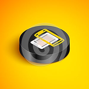 Isometric line Smartphone and book icon isolated on yellow background. Online learning or e-learning concept. Black