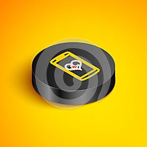 Isometric line Smartphone with free wi-fi wireless connection icon isolated on yellow background. Wireless technology