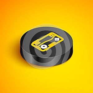 Isometric line Smartphone and playing in game icon isolated on yellow background. Mobile gaming concept. Black circle