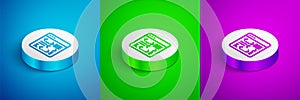 Isometric line Software, web developer programming code icon isolated on blue, green and purple background. Javascript