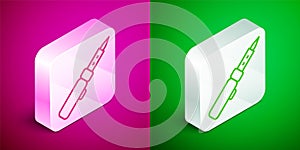 Isometric line Soldering iron icon isolated on pink and green background. Silver square button. Vector