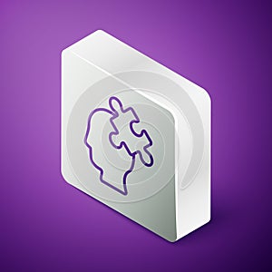 Isometric line Solution to the problem in psychology icon isolated on purple background. Puzzle. Therapy for mental