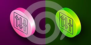 Isometric line Sound mixer controller icon isolated on purple and green background. Dj equipment slider buttons. Mixing