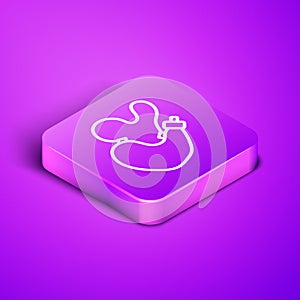 Isometric line Spanish wineskin icon isolated on purple background. Purple square button. Vector photo