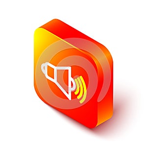 Isometric line Speaker volume, audio voice sound symbol, media music icon isolated on white background. Orange square
