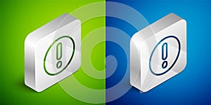 Isometric line Speech bubble and Exclamation icon isolated on green and blue background. FAQ sign. Copy files, chat