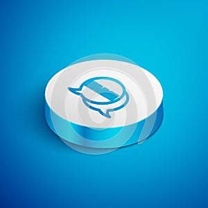 Isometric line Speech bubble with text Farm icon isolated on blue background. White circle button. Vector