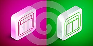 Isometric line Sport mechanical scoreboard and result display icon isolated on pink and green background. Silver square