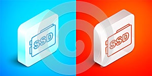 Isometric line SSD card icon isolated on blue and red background. Solid state drive sign. Storage disk symbol. Silver