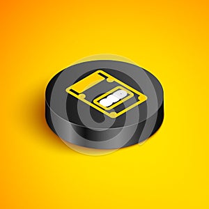 Isometric line SSD card icon isolated on yellow background. Solid state drive sign. Storage disk symbol. Black circle