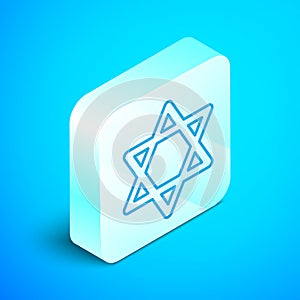 Isometric line Star of David icon isolated on blue background. Jewish religion symbol. Symbol of Israel. Silver square