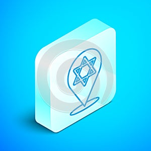 Isometric line Star of David icon isolated on blue background. Jewish religion symbol. Symbol of Israel. Silver square