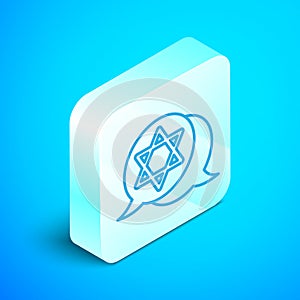 Isometric line Star of David icon isolated on blue background. Jewish religion symbol. Symbol of Israel. Silver square