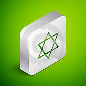 Isometric line Star of David icon isolated on green background. Jewish religion symbol. Symbol of Israel. Silver square