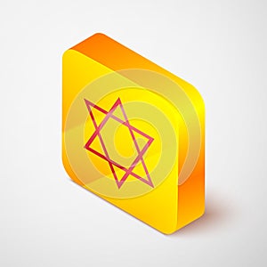 Isometric line Star of David icon isolated on grey background. Jewish religion symbol. Symbol of Israel. Yellow square