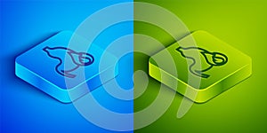 Isometric line Stomach heartburn icon isolated on blue and green background. Stomach burn. Gastritis and acid reflux