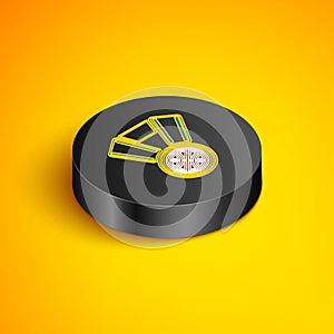 Isometric line Stopwatch with basketball ball inside icon isolated on yellow background. Basketball time. Sport and