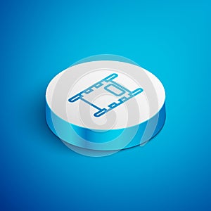 Isometric line Stretcher icon isolated on blue background. Patient hospital medical stretcher. White circle button