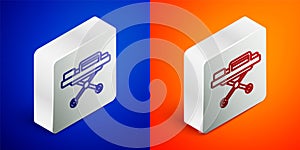Isometric line Stretcher icon isolated on blue and orange background. Patient hospital medical stretcher. Silver square