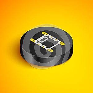 Isometric line Stretcher icon isolated on yellow background. Patient hospital medical stretcher. Black circle button