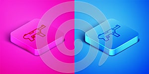 Isometric line Submachine gun M3, Grease gun icon isolated on pink and blue background. Square button. Vector