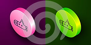 Isometric line Submarine icon isolated on purple and green background. Military ship. Circle button. Vector