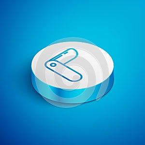 Isometric line Swiss army knife icon isolated on blue background. Multi-tool, multipurpose penknife. Multifunctional