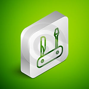 Isometric line Swiss army knife icon isolated on green background. Multi-tool, multipurpose penknife. Multifunctional