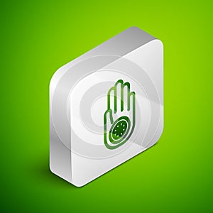 Isometric line Symbol of Jainism or Jain Dharma icon isolated on green background. Religious sign. Symbol of Ahimsa