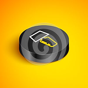 Isometric line Table lamp icon isolated on yellow background. Desk lamp. Black circle button. Vector