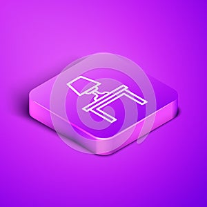 Isometric line Table lamp on table icon isolated on purple background. Purple square button. Vector