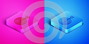 Isometric line Target financial goal concept icon isolated on pink and blue background. Symbolic goals achievement