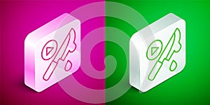 Isometric line Thriller movie icon isolated on pink and green background. Bloody knife. Suspenseful cinema genre