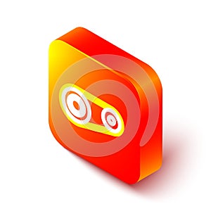 Isometric line Timing belt kit icon isolated on white background. Orange square button. Vector Illustration
