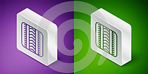 Isometric line Tire track icon isolated on purple and green background. Silver square button. Vector