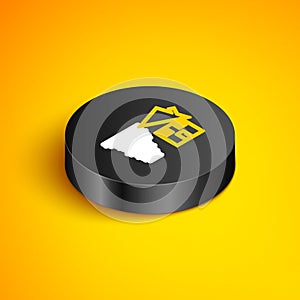 Isometric line Tornado swirl damages house roof icon isolated on yellow background. Cyclone, whirlwind, storm funnel