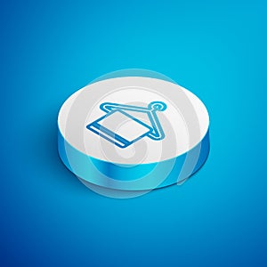 Isometric line Towel on a hanger icon isolated on blue background. Bathroom towel icon. White circle button. Vector