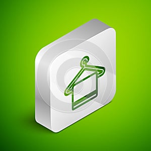 Isometric line Towel on a hanger icon isolated on green background. Bathroom towel icon. Silver square button. Vector