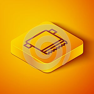 Isometric line Towel on hanger icon isolated on orange background. Bathroom towel icon. Yellow square button. Vector