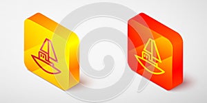 Isometric line Toy boat icon isolated on grey background. Yellow and orange square button. Vector