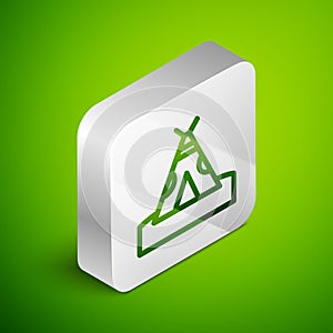Isometric line Traditional indian teepee or wigwam icon isolated on green background. Indian tent. Silver square button