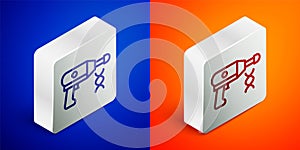 Isometric line Transfer liquid gun in biological laborator icon isolated on blue and orange background. Silver square