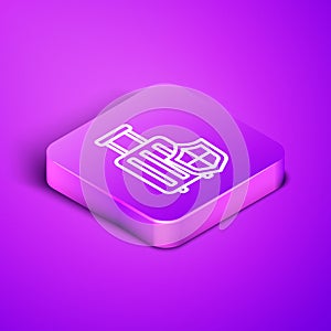 Isometric line Travel suitcase with shield icon isolated on purple background. Traveling baggage insurance. Security