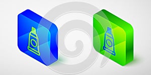 Isometric line Tube with paint palette icon isolated on grey background. Blue and green square button. Vector