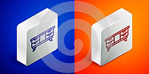 Isometric line TV table stand icon isolated on blue and orange background. Silver square button. Vector