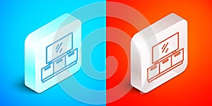 Isometric line TV table stand icon isolated on blue and red background. Silver square button. Vector